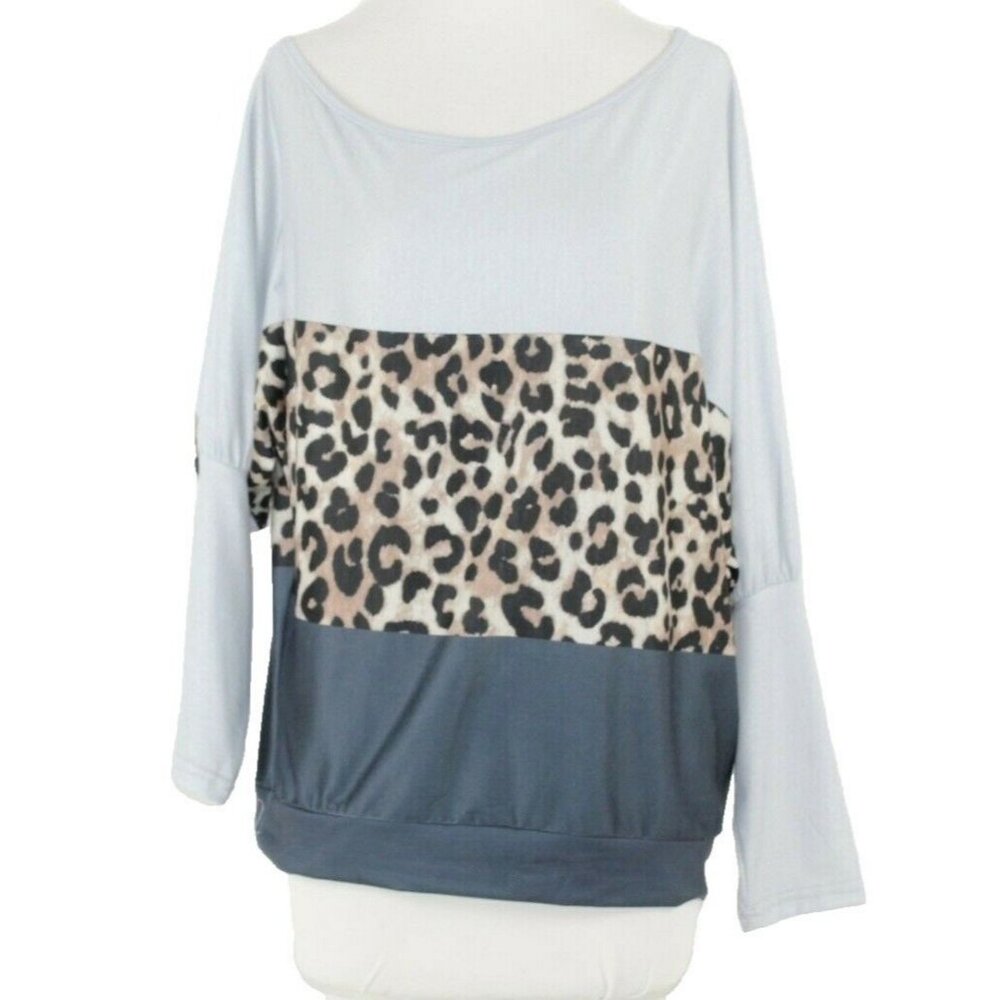 OrderPlus Sz M Gray Multi Animal Color Block Stretchy Knit Top